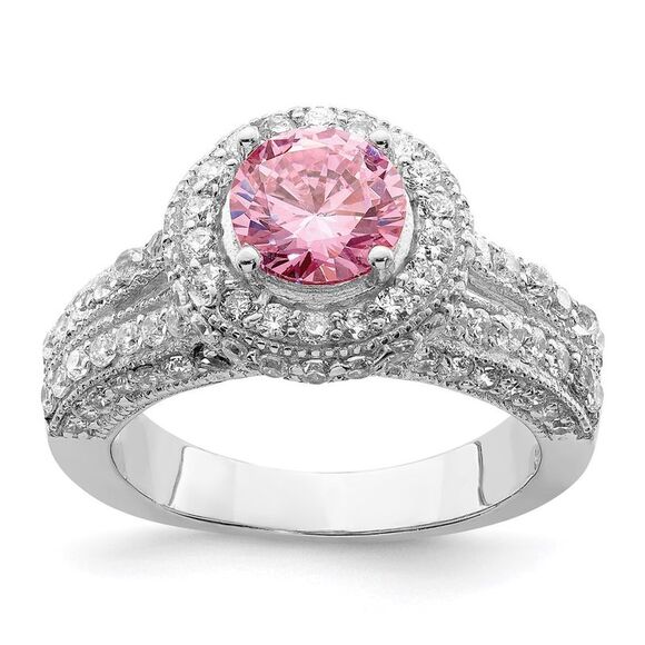Kazi Luxury Sterling Silver Rhodium-plated Round Pink and White CZ Ring